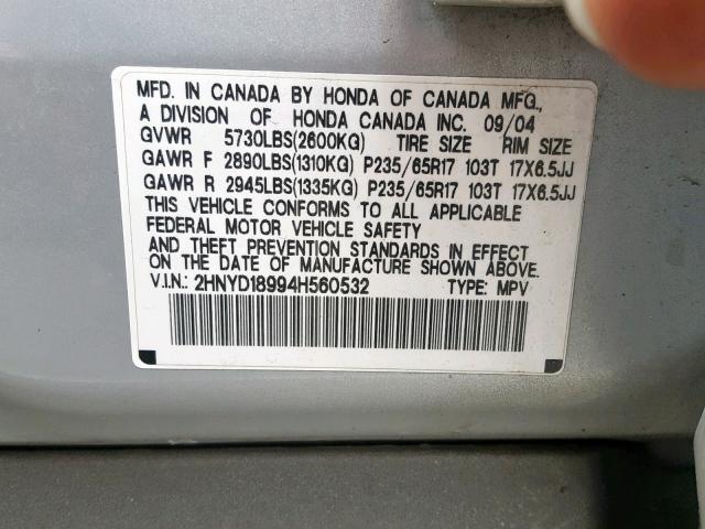 2HNYD18994H560532 - 2004 ACURA MDX TOURIN SILVER photo 10