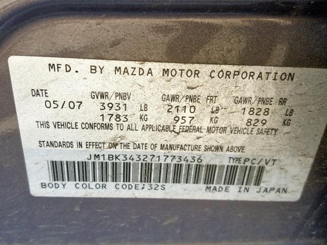 JM1BK343271773436 - 2007 MAZDA 3 HATCHBAC GRAY photo 10