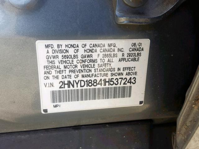 2HNYD18841H537243 - 2001 ACURA MDX TOURIN GRAY photo 10