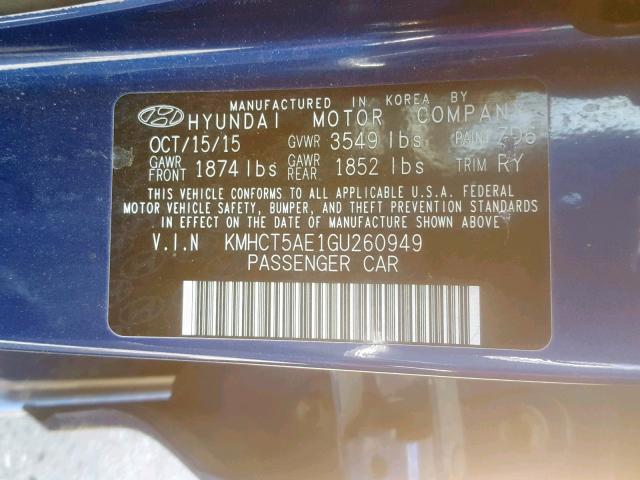 KMHCT5AE1GU260949 - 2016 HYUNDAI ACCENT SE BLUE photo 10