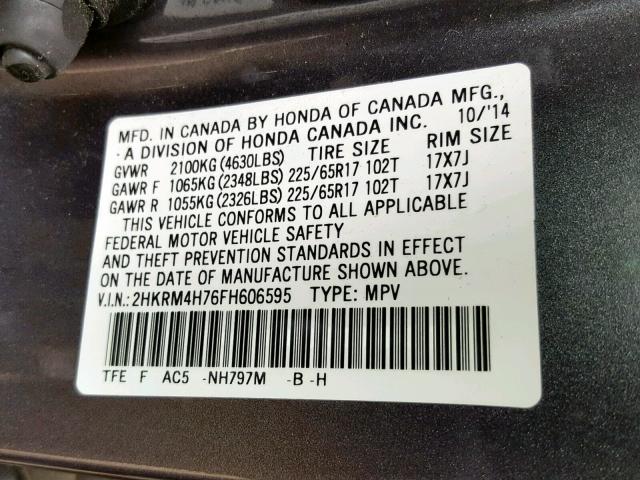 2HKRM4H76FH606595 - 2015 HONDA CR-V EXL GRAY photo 10