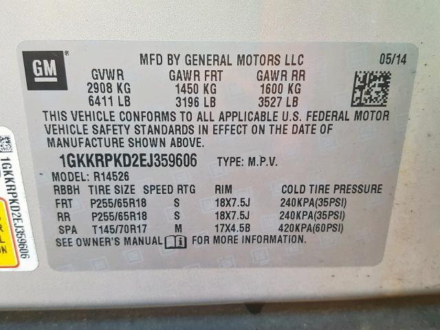 1GKKRPKD2EJ359606 - 2014 GMC ACADIA SLE SILVER photo 10