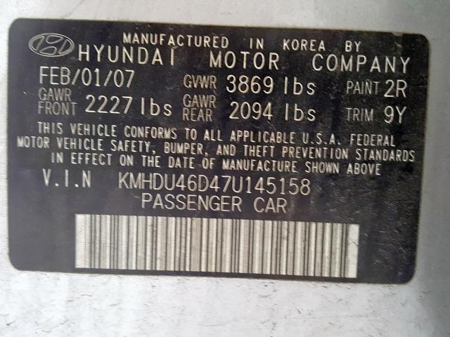 KMHDU46D47U145158 - 2007 HYUNDAI ELANTRA GLS  photo 10