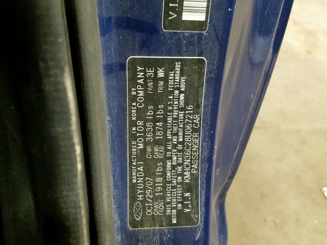 KMHCN36C28U067216 - 2008 HYUNDAI ACCENT SE BLUE photo 10