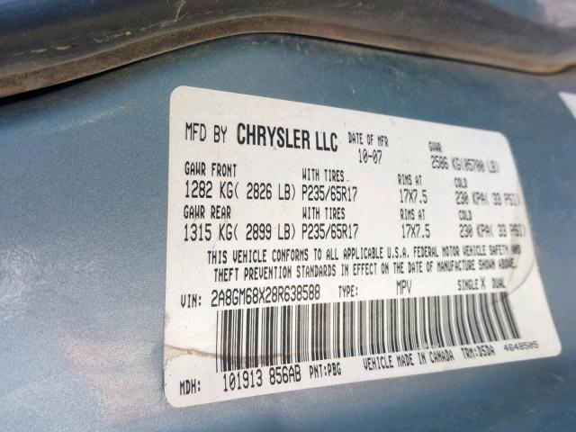 2A8GM68X28R638588 - 2008 CHRYSLER PACIFICA T BLUE photo 10