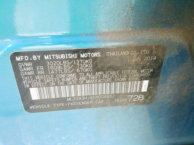 ML32A3HJ5FH004482 - 2015 MITSUBISHI MIRAGE DE BLUE photo 10