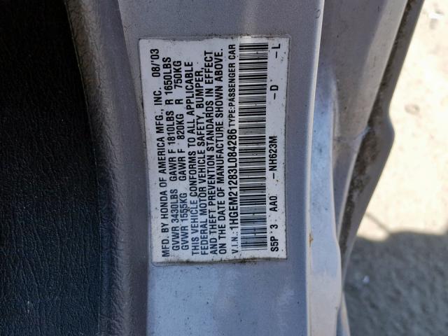 1HGEM21283L084286 - 2003 HONDA CIVIC DX SILVER photo 10