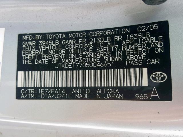 JTKDE177050046651 - 2005 TOYOTA SCION TC SILVER photo 10