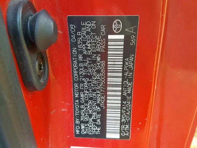 JTKDE177750058988 - 2005 TOYOTA SCION TC RED photo 10