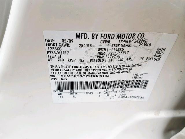 2FMDK36C79BB00103 - 2009 FORD EDGE SE WHITE photo 10