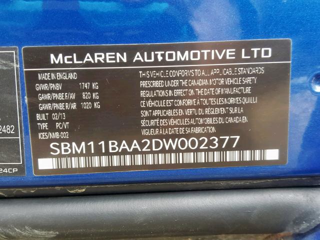 SBM11BAA2DW002377 - 2013 MCLAREN AUTOMOTIVE MP4-12C SP BLUE photo 10