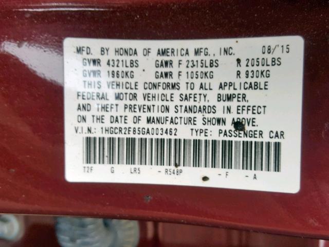 1HGCR2F85GA003462 - 2016 HONDA ACCORD EXL BURGUNDY photo 10