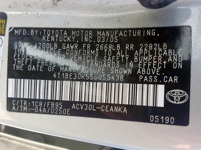 4T1BE30K55U055438 - 2005 TOYOTA CAMRY LE SILVER photo 10