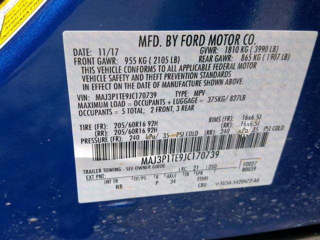 MAJ3P1TE9JC170739 - 2018 FORD ECOSPORT S BLUE photo 10