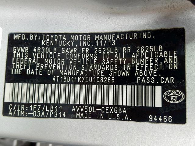 4T1BD1FK7EU108266 - 2014 TOYOTA CAMRY HYBR GRAY photo 10