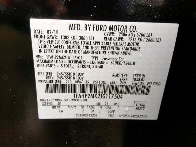 1FAHP2MK2JG117504 - 2018 FORD TAURUS POL BLACK photo 10