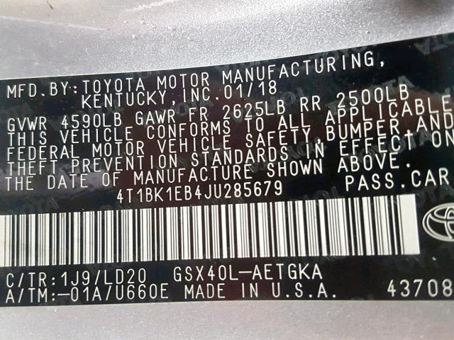 4T1BK1EB4JU285679 - 2018 TOYOTA AVALON XLE SILVER photo 10