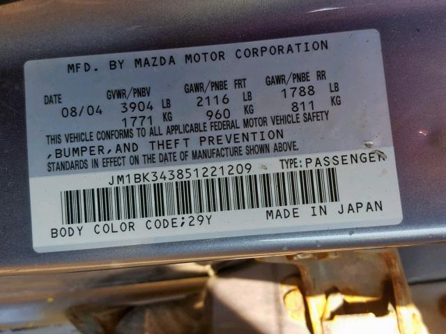 JM1BK343851221209 - 2005 MAZDA 3 HATCHBAC GRAY photo 10