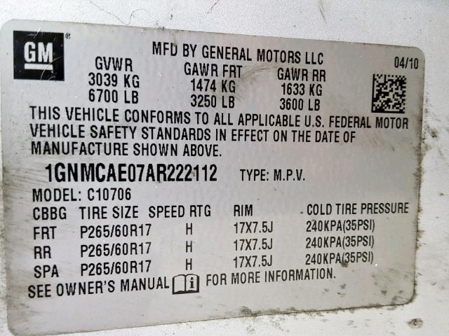 1GNMCAE07AR222112 - 2010 CHEVROLET TAHOE C150 SILVER photo 10