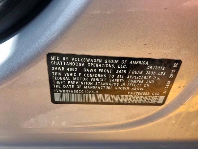 1VWBN7A30CC102703 - 2012 VOLKSWAGEN PASSAT SE GRAY photo 10