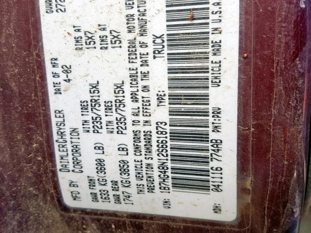 1B7HG48N12S661873 - 2002 DODGE DAKOTA QUA MAROON photo 10