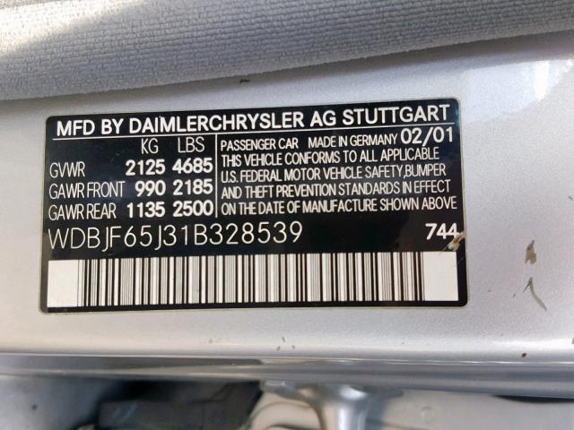 WDBJF65J31B328539 - 2001 MERCEDES-BENZ E 320 SILVER photo 10