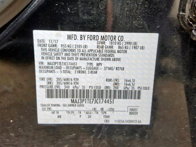 MAJ3P1TE7JC174451 - 2018 FORD ECOSPORT S BLACK photo 10