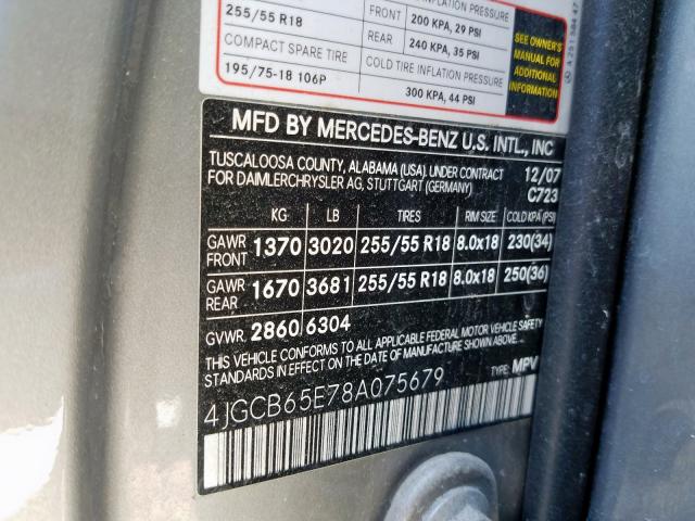 4JGCB65E78A075679 - 2008 MERCEDES-BENZ R 350  photo 10