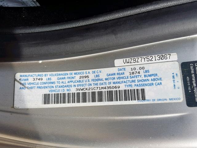 3VWCK21C71M435069 - 2001 VOLKSWAGEN NEW BEETLE ვერცხლისფერი ფოტო 10