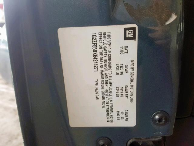 1G2ZF55BX64214271 - 2006 PONTIAC G6 SE BLUE photo 10