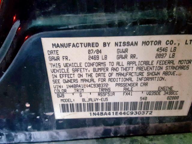 1N4BA41E44C930372 - 2004 NISSAN MAXIMA SE BLUE photo 10