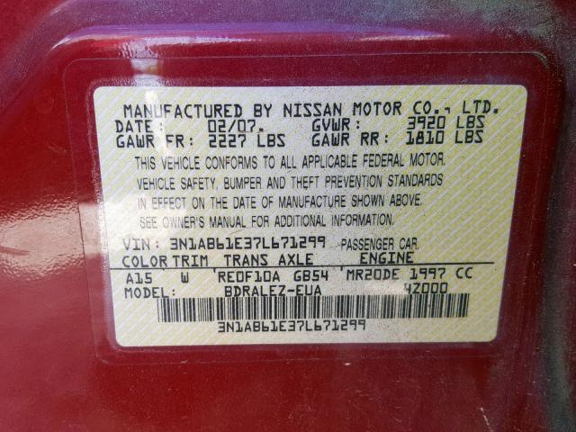 3N1AB61E37L671299 - 2007 NISSAN SENTRA 2.0 RED photo 10