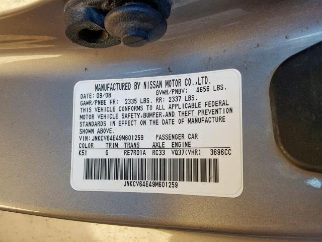 JNKCV64E49M601259 - 2009 INFINITI G37 BASE GRAY photo 10