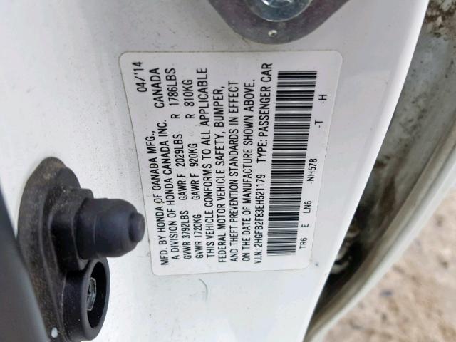 2HGFB2F83EH521179 - 2014 HONDA CIVIC EX WHITE photo 10