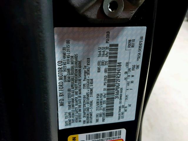 3FA6P0G72FR294184 - 2015 FORD FUSION S BLACK photo 10