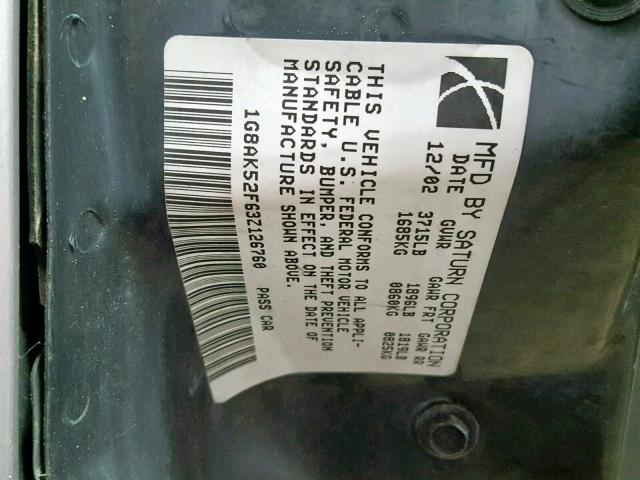 1G8AK52F63Z126760 - 2003 SATURN ION LEVEL SILVER photo 10