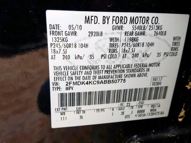 2FMDK4KC9ABB50775 - 2010 FORD EDGE LIMIT BLACK photo 10