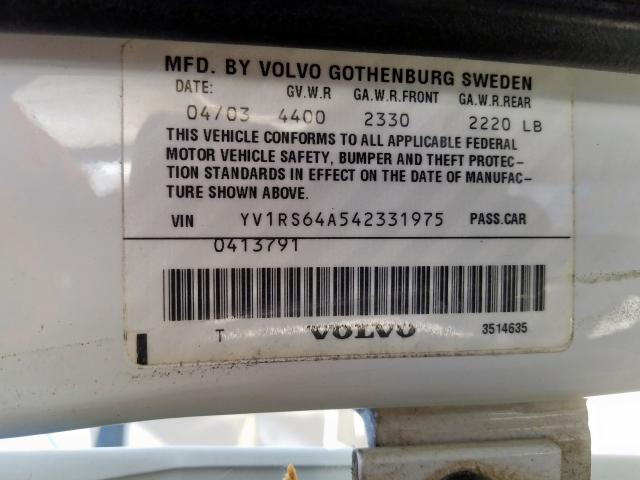 YV1RS64A542331975 - 2004 VOLVO S60  photo 10