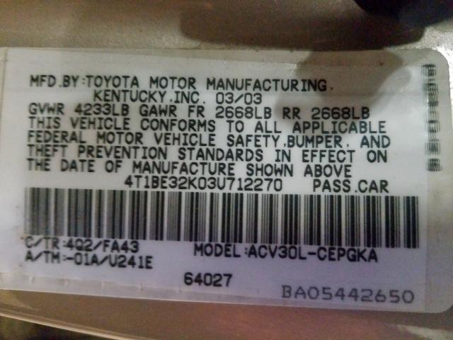 4T1BE32K03U712270 - 2003 TOYOTA CAMRY LE  photo 10