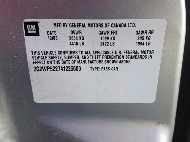 2G2WP522741225600 - 2004 PONTIAC GRAND PRIX 银色 照片 10