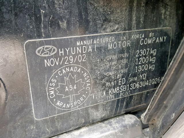 KM8SB13D63U420264 - 2003 HYUNDAI SANTA FE BLACK photo 10