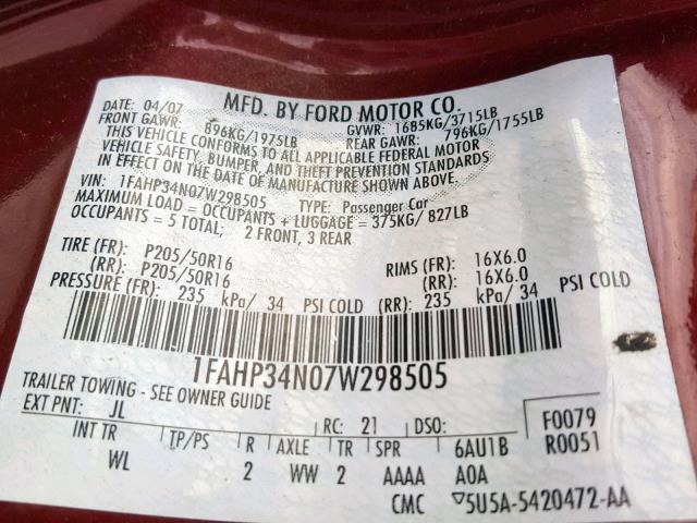 1FAHP34N07W298505 - 2007 FORD FOCUS ZX4 RED photo 10