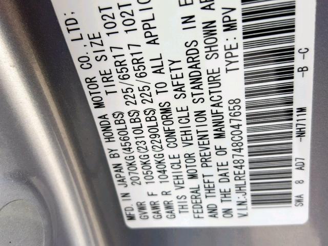 JHLRE48748C047658 - 2008 HONDA CR-V EXL SILVER photo 10