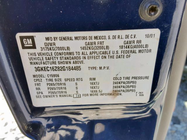 3GKEC16Z82G184485 - 2002 GMC YUKON XL C BLUE photo 10