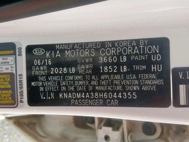 KNADM4A38H6044355 - 2017 KIA RIO LX WHITE photo 10