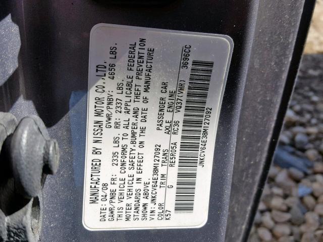 JNKCV64E38M127092 - 2008 INFINITI G37 BASE GRAY photo 10