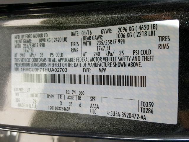 1FMCU0F71HUA02703 - 2017 FORD ESCAPE S GRAY photo 10