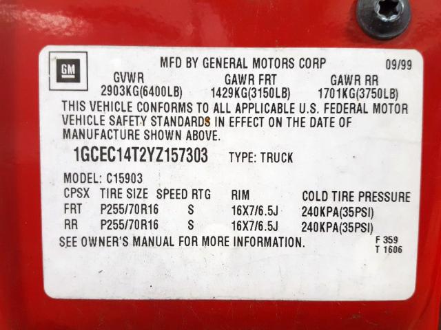 1GCEC14T2YZ157303 - 2000 CHEVROLET SILVERADO C1500  photo 10