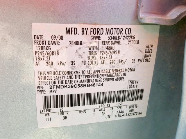 2FMDK39C58BB48144 - 2008 FORD EDGE LIMIT BLUE photo 10