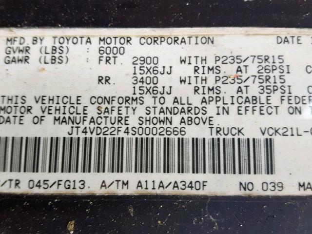 JT4VD22F4S0002666 - 1995 TOYOTA T100 XTRAC BLACK photo 10